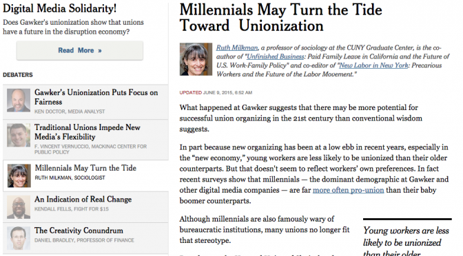 Ruth Milkman in the New York Times: Gawker, Millennials, and the Future of Labor